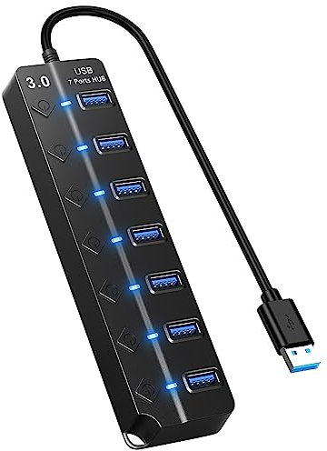 HORJOR Hub USB 3.0 Ciabatta Multi Presa USB, 7 Porte Sdoppiatore USB con Singoli Interruttori e Spie LED