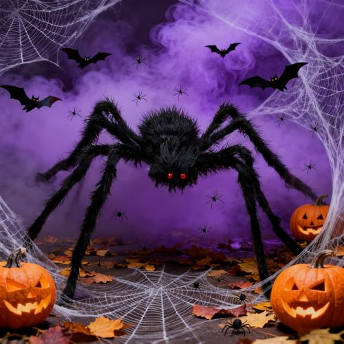 Araña de Halloween,Telarañas halloween,250cm Araña Peluda Gigante,60g Telarañas Elásticas Trae 10 Arañas Falsas, Araña Grande Halloween,para Mesa Chimenea Jardín Exterior,Fiesta de Terror de Halloween