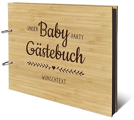 Personalisiertes Geburt Fotoalbum echtes Holz DIN A4 Erinnerungsbuch mit Lasergravur - Babyparty - mit 25 Blatt / 50 Seiten Fotokarton Schwarz