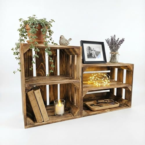 Teramico Vintage Holzkisten 40x30x25cm (2er Set Lang und Kurz) | Geflammte Vintage Holzkisten als stilvolles Regal, zur praktischen Aufbewahrung, zur Dekoration oder als schöne Geschenkkiste