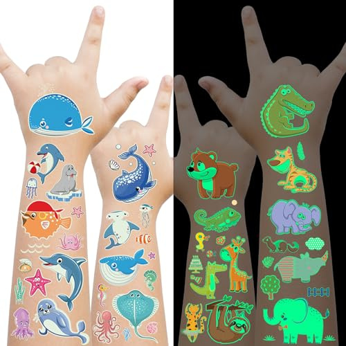 170 styles de tatouages temporaires lumineux pour enfants, tatouages animaux lumineux pour garçons filles, autocollants de tatouage pour enfants pour la jungle, les décorations de fête