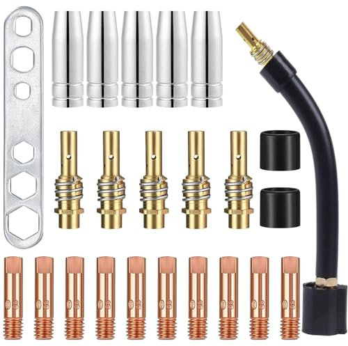 Verschleißteile Set Schweißzubehör 24 Stk MIG MAG Schweißbrenner Verschleißteile Set Passend 15AK MB15, 5x Gasdüse 5x Düsenstock 10x Stromdüse M6 0,8 mm 2x Isolator 1x Werkzeug 1x Brennerhals