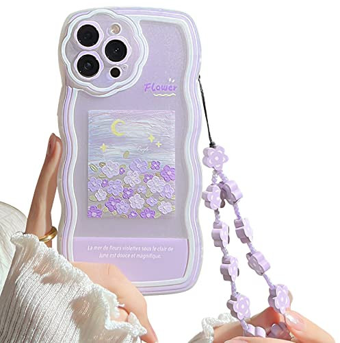 NITITOP Compatible for iPhone 15 Pro Max Plus Case Cute Oil Painting Flower Pattern with Flower Beaded Lanyard Wrist Strap for Women Girls Soft TPU Full Protective Cover - Purple Flower