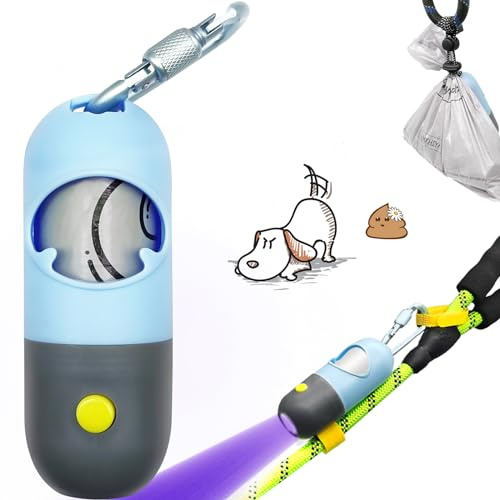 YUCHIYA Dog Poop Bags Holder with UV Flashlight with 1 Roll of Leak-Proof Dog Waste Bags Black Light for for Pet Urine Detector with Built-in LR44 Batteries and Dog Walking Accessories (Sky Blue)