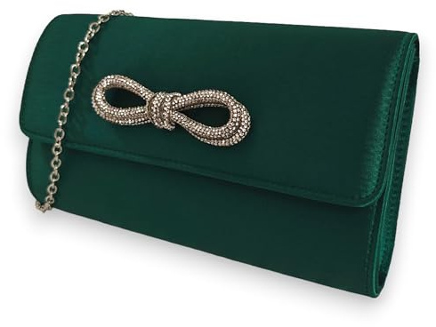 Bolso de mano de satén con diamantes de imitación, estilo lazo para novia, graduación, boda, noche, fiesta, bolso de mano, verde oscuro, medium