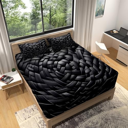 Spannbettlaken 90x200cm Geometrisches Texturmuster Schwarz Spannbetttücher 100% Weiche Mikrofaser, Bed Sheets bis 30 cm Höhe für Boxspringbett Wasserbett mit 2 Kissenbezügen