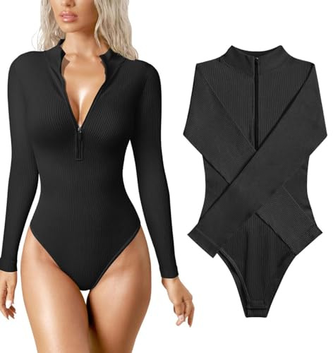 LOTGET Women's Bodysuits Sexy Ribbed One Piece V Neck Long Sleeve T Shirts (Black, L)