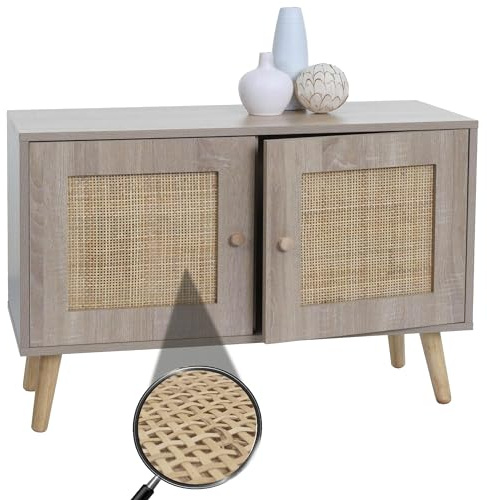 Mendler Kommode HWC-M40, Sideboard Schrank Highboard, Staufächer, Kubu Rattan Holz Melamin, Eiche-Optik
