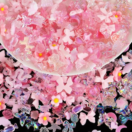 Giantree Décoration d'ongles, Multi Shapes Coeur Bowknot Perles, 100pcs Nail Art Charms 3d Deko Set Papillon Bijoux d'ongles pour manucure DIY Accessoires (rose)