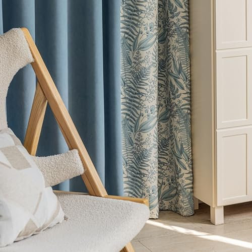 Homxi Gardinen Wohnzimmer Blickdicht 2er Set,2 x 137W x 160H cm,Vorhang Modern Blickdicht Blau Spleißen Einfarbig und Blumenmuster Vorhang mit Hakenaufhängung
