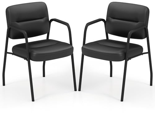 GYMAX 2er Set ergonomischen Wartezimmerstühlen, gepolsterte Konferenzstühle mit Armlehnen, Besucherstühle aus Kunstleder bis zu 160 kg belastbar, Bürostühle für Besprechungs- & Empfangsräume, Schwarz
