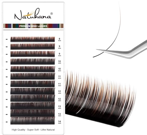 NATUHANA Couleur Extension Cils 0.07mm B Curl 8-14mm Mixte Colorés Individuel Volume Russe Naturel Faux Cils Professionnel Eyelash Extensions (Dégradé Noir Marron;0.07 B, 8-14 mm)