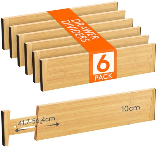 Lifewit 6er Set 10cm Höhe Bambus Schubladentrenner, 41-56cm Verstellbar Schubladen Organizer Ordnungssystem für Küche/Büro/Kleiderschrank, Drawer Divider für Kosmetik Besteck Gewürze Werkzeug