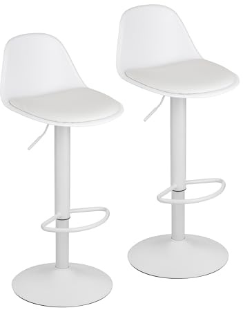 Baroni Home 2er Set Drehbarer Barhocker mit Rückenlehne und Kissen, Höhverstellbar und Fußstütze, kratzfester Boden, Esszimmer, Restaurant, Weiß, 2 Stück, 39x44x82-104 cm