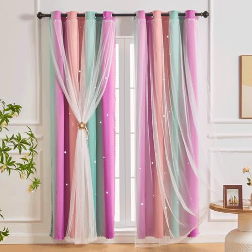 NETMEO 2-teilige Vorhänge für Mädchenschlafzimmer, Fenster für Kinderzimmer und Töchterschlafzimmer, Verdunkelungsvorhänge, Sternform, Ösenvorhänge (Rosa Lila Blau, B132xH160cm)