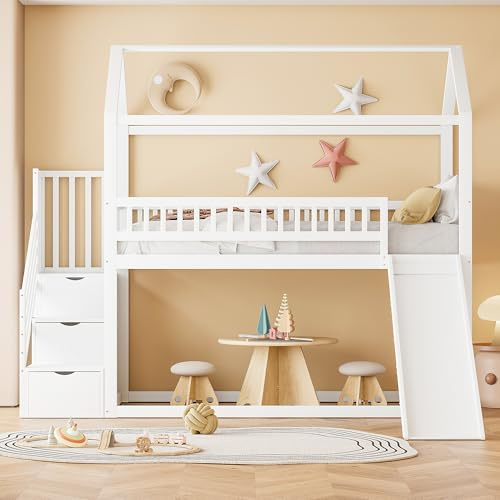 YESGIGA Litera infantil de 90 x 200 cm, con tobogán y escalera de almacenamiento, estructura de valla alta
