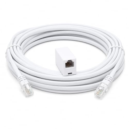 DRUT 15m RJ11 to RJ11 ADSL 2+ Male to Male Cable with Female Coupler, BT Telephone, Broadband, Modem Extension Lead, Gold Plated Connectors White 50ft