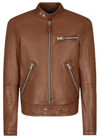 Braune Herren-Jacke aus Schaffell, Stehkragen, Reißverschluss, kurze Jacke, britischer Stil, Reitmantel, braun, 5XL