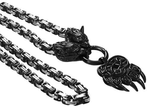 OIDEA Herren Wikinger Halskette mit Königskette: Schwer Punk Rock Wolfskopf Thors Hammer Anhänger Wolf Kopf Odin Bärenklaue Nordisch Viking Schmuck Geschenk für Männer Freund Vater