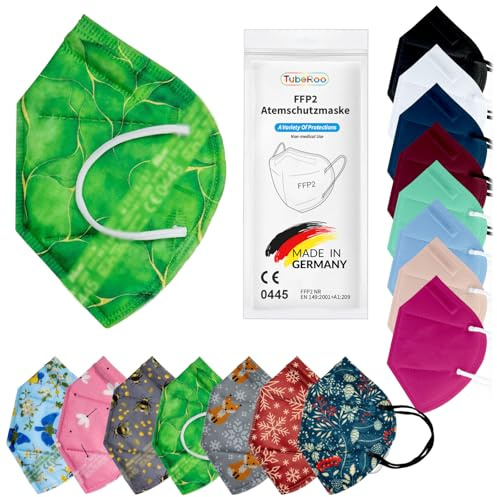 TubeRoo FFP2 Maske Bunt Farbig 20 Stück Set Masken Motiv Muster in Dunkelblau Blau Bordeaux Hellblau Pink Rot Grün Grau Weiß Schwarz, aus Deutschland, Made in Germany, Atemschutzmaske, Mundschutz