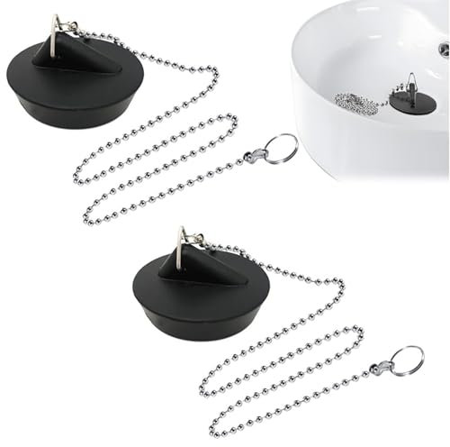 Tappo per Lavello in Gomma (2 Pezzi), Tappo per Vasca da Bagno con Catenella, Per cucina, bagno, lavandino e tappo di scarico, Nero