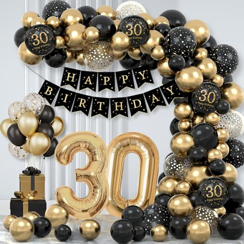 30th Birthday Decoration for Men Women, 69Pcs Black and Gold Birthday Party Decoration Set - 32Inch 30th Birthday Balloon, Happy Birthday Banner, Black Gold and Confetti Balloons