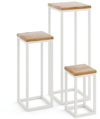 LAMO Manufaktur Pflanzenständer Set - 3 Stücke 30/50/70 cm | Blumenständer Weiss Metall | Blumenhocker Holz mit Rustikal Farbe | 100% Echtholz | Sockel für Zimmerpflanzen