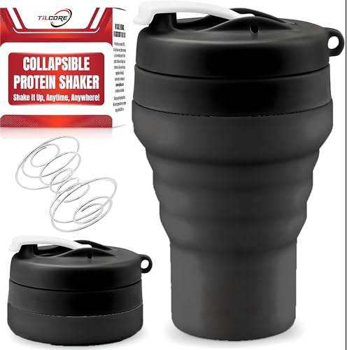 Tilcore Collapsible Protein Shaker & Water Bottle Food-Grade, Leakproof Lid 600mL/20oz Shaker Cup - Reusable Silicone Shaker Cups for Protein Shakes with Mixing Ball for Gym-goers & Travelers