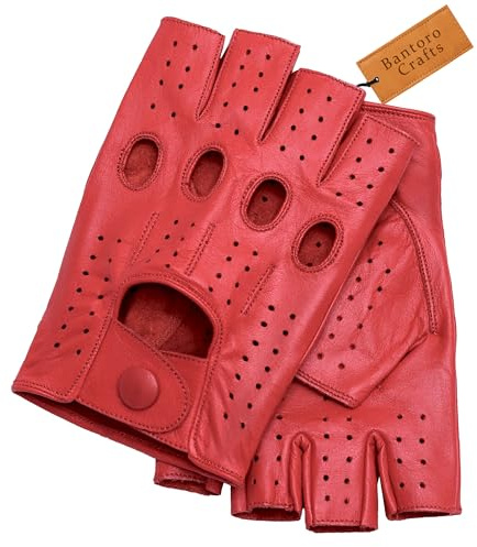 Bantoro Crafts Guanti senza dita in pelle di pecora rossa di prima qualità: comodi, resistenti e regolabili per guida, ciclismo, moto, allenamenti in palestra e sport all'aria aperta. (Large)
