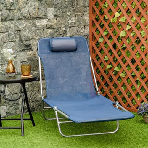 Vielseitiger, klappbarer Loungesessel zum Entspannen am Pool, verstellbare Liegepositionen, atmungsaktives Netzgewebe, Dunkelblau/Silber