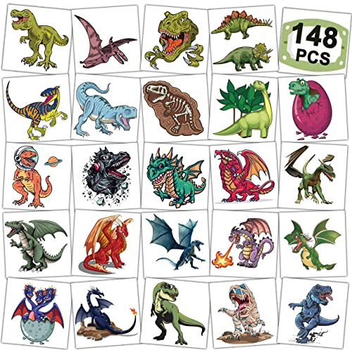 CHARLENT Lot de 148 tatouages temporaires dinosaures et dragons pour enfants - Tatouages individuels pour garçons et filles - Cadeaux de fête d'anniversaire dinosaure
