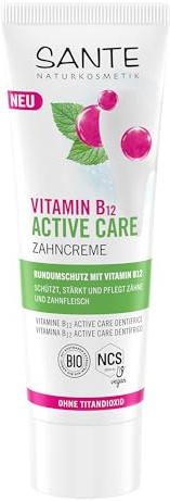 SANTE Naturkosmetik Vitamin B12 Active Care Zahncreme - 75 ml - Zahnpasta mit Fluorid, Xylit & Bio-Salbei - Rundumschutz für Zähne & Zahnfleisch - vegan & ohne Titandioxid