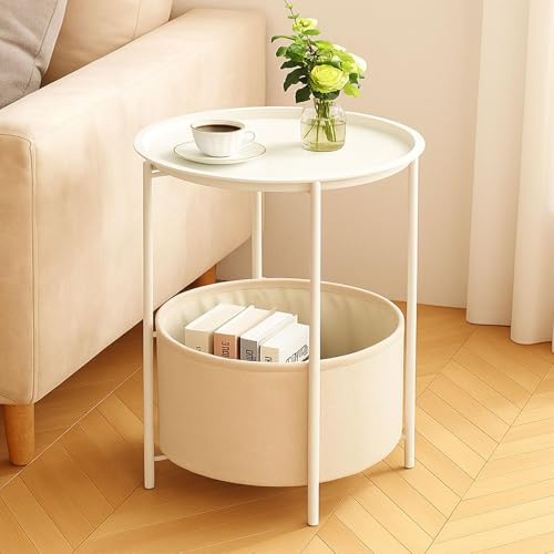 Rinkgarden Round Side Table with Fabric Basket, Modern and Sturdy, Metal End Table for Living Room, Bedroom, Bedside Table, Nursery, Laundry or Balcony (White+Beige)