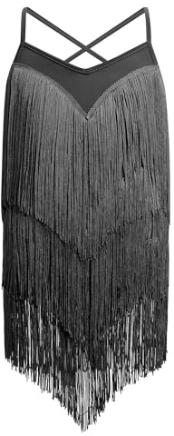 EFOGEP Kid Girls Fringe Tassel Dress Sleeveless Spaghetti Strap Vintage Layered Fringe Dresses 20s Party Ballroom Cha Cha Jazz Outfits Lyrical Dance Dress for Girls Black