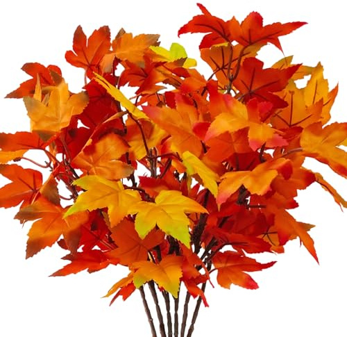 Kinisty Artificial Autumn Plants and Flowers, 6 Pcs Silk Maple Leaves | Orange Autumn Decorations for Outdoor, Indoor, Home, Table Centerpiece & Thanksgiving.