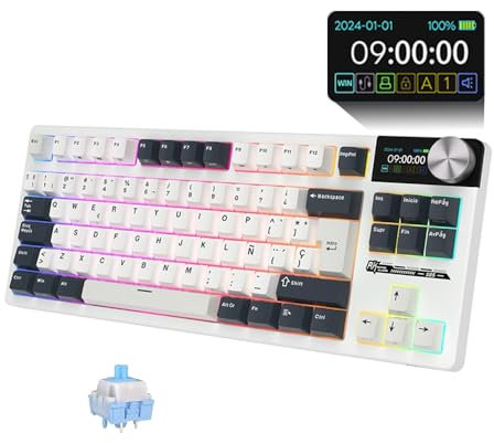 RK Royal KLUDGE RK S85- Teclado Mecánico Español -Teclado Inalámbrico Gaming 80% - ISO-ES - Bluetooth/2.4G/USB-C- Hot Swap- Pantalla LCD- RGB-Mac/Windows-Mod.White Night/Switch Lineal Cloud.(Red)