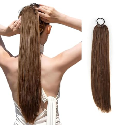 CUVZORA Pferdeschwanz Haarteil Zopf Extension, 60cm Langer Glatter Echthaar Zopf, Natürliches Aussehen, Einfache Anwendung und Pflegeleicht, Perfekt für Alltag, Partys und Hochzeiten (Braun)