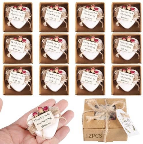 Handgefertigte herzförmige Mini-Seifen, Duftseifen für Hochzeitsgeschenke, Brautpartys, Teepartys, inklusive getrocknetem Rosenstrauß und Dankesanhänger, verpackt in brauner Kraftbox mit Bindfaden, 12