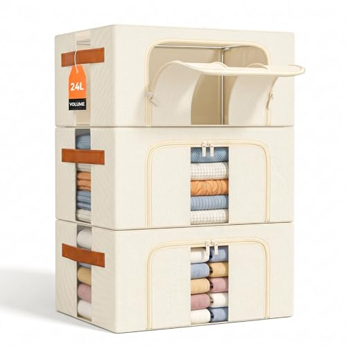 NiuBeBe Cajas Almacenaje Ropa Apilables: Caja Plegable con Estructura Metálica para Guardar Ropa Tela, Fundas y Bolsas en Armario y Debajo de las Cama (Beige 3x24L) 40 x 30 x 20 cm