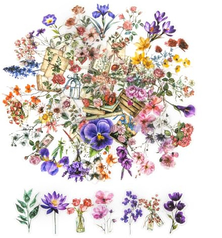 150Pcs Transparent Scrapbook Stickers, Waterproof PET Nature Flowers Stickers, Self-Adhesive Decorative Floral Stickers Set Scrapbook Supplies for Scrapbooking, Journal, DIY Craft(Pale Blossoms)