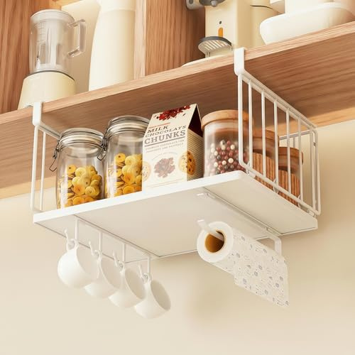 MIUSITE Under Shelf Storage Basket for Kitchen Storage - Cream White | Under Shelf Hanging Metal Wire Basket with Multiple Hooks and Solid Metal Tray for Kitchen Pantry Cabinet Desk Bathroom