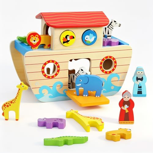 Arche Noah Holz Formen Puzzle mit 8 Tierfiguren für Kinder ab 3 Jahren | Montessori Lernspielzeug, Fördert Hand Auge Koordination, Ideales Kindergeschenk
