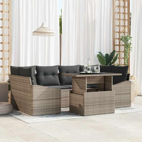 NIVVHOH 7 pcs Modern Garten-Sofa-Set & Gartenmöbelset Grau Poly-Rattan Ecksitze Mittelsitze für Garten, Terrasse, Balkon (100 x 55 x 73 cm)