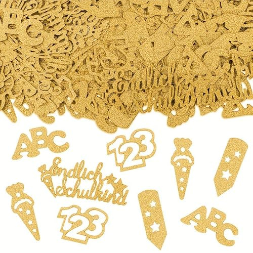 Ovanda 100 coriandoli dorati glitterati per l'inizio della scuola, decorazione da spargere con sacchetto e penna ABC 123, decorazione da tavolo per l'inizio della scuola, feste di inizio della scuola