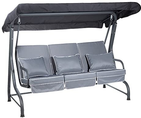 Alfresia Roma 3-Seater Garden Swing Seat | Outdoor Patio Swing Chair with Adjustable Waterproof Canopy and Luxury Cushions | Charcoal Canopy and Frame | Grey Luxury Cushions