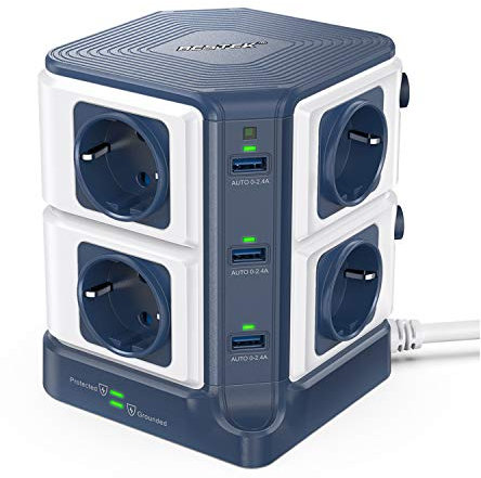 BESTEK 1500J Torres Regleta Enchufes de 8 Tomas UE y 6 Rapida USB, SPD Protección contra Sobretensiones y Interruptor, Vertical Ladron Alargador, Base Múltiple, Tapón de Seguridad, 3600W/16A