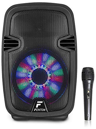 Fenton FT8LED 8-Inch Bluetooth Active Speaker with LED Lights, Battery Powered Portable PA System, Wired Microphone, Ideal for Parties, Events and Karaoke