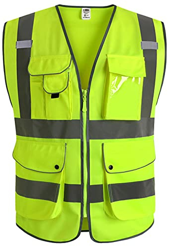 JKSafety 9 Pockets Class 2 High Visibility Zipper Front Safety Vest With Reflective Strips, Yellow Meets ANSI/ISEA Standards (3X-Large-150-Yellow)