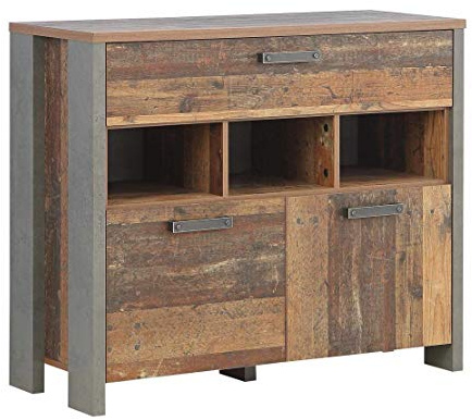 FORTE Clif Kommode mit 2 Türen und 1 Schublade, Holzwerkstoff, Old – Wood Vintage/ Betonoptik Dunkelgrau, 41,6 x 106,7 x 86,3 cm