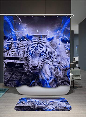 FANSU Duschvorhang Wasserdicht Anti-Schimmel Anti-Bakteriell, 3D Drucken 100% Polyester Bad Vorhang für Badzimmer mit C-Form Kunststoff Haken (180x200cm,Weißer Tiger)